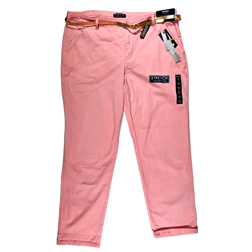 BANDOLINO Michele Stretch Chino Straight Leg Jeans Size 14 Pink, Reversible Belt